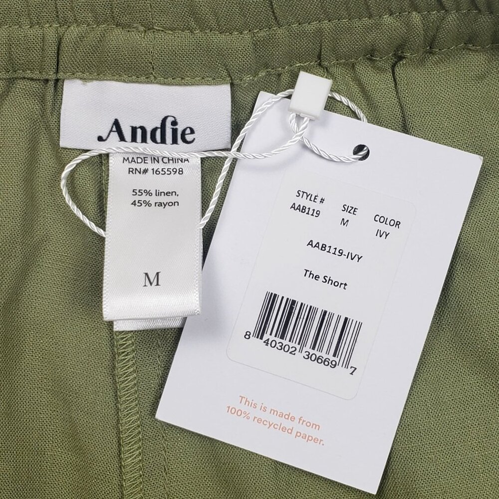 Andie Swim The Graciosa Short Women's Medium Ivy Green Linen Blend Tassel Ties - Picture 2 of 16